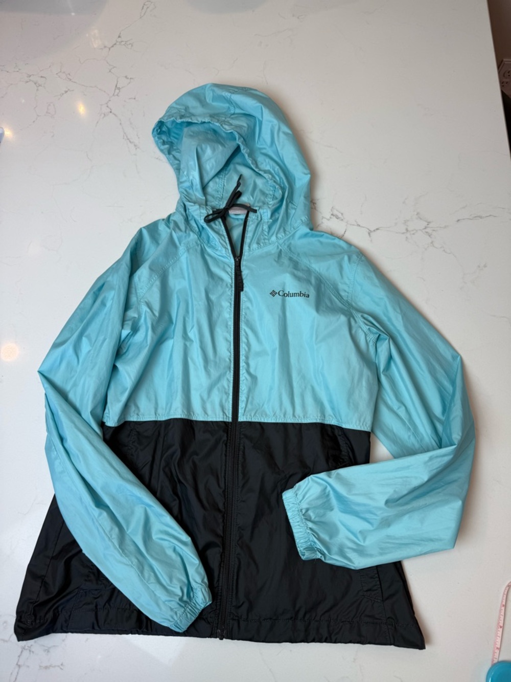 Columbia Hooded Windbreaker Jacket - Aqua & Black - Small